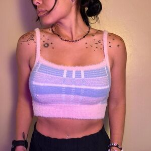 Fuzzy Striped Cropped Knit Tank Top - Purple, pink & White